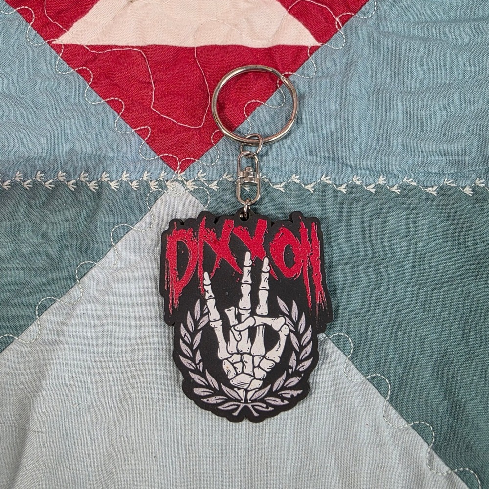 Dixxon Flannel Co Rubber Keychain Black Skeleton Hand Rock On Wreath